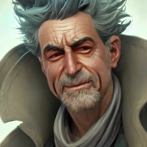 Prompt: Closeup of realistic Rick Sanchez, fantasy, intricate, elegant, highly detailed, digital painting, artstation, concept art, matte, sharp focus, illustration, hearthstone, art by Artgerm and Greg Rutkowski and Alphonse Mucha