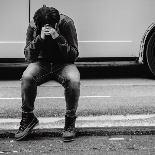 Image similar to A bogan crying because they missed the bus, Canon EOS R3, f/1.4, ISO 200, 1/160s, 8K, RAW, unedited, symmetrical balance, in-frame