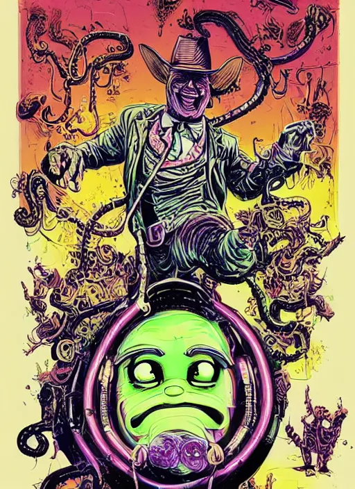 Prompt: disgustingly bullish snake oil salesman cowboy teletubbies sparks a never ending bull run with patented SNAKEOIL brand edible crypto stimulant drink, sci-fi horror movie poster, grotesque, scary, high details, intricately detailed, by vincent di fate, artgerm julie bell beeple, inking, 1990s, vintage 90s print, screen print, purple green color scheme