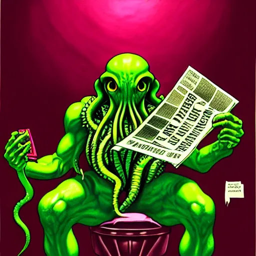 Prompt: humanoid cthulhu vis sitting on a toilet, he is reading a newspaper. the location is a pink and girlish bathroom. The mood is friendly and welcoming. dungeons and dragons style, highly detailed, digital painting, artstation, concept art, sharp focus, illustration, art by Josh kirby and John romita jr and moebius