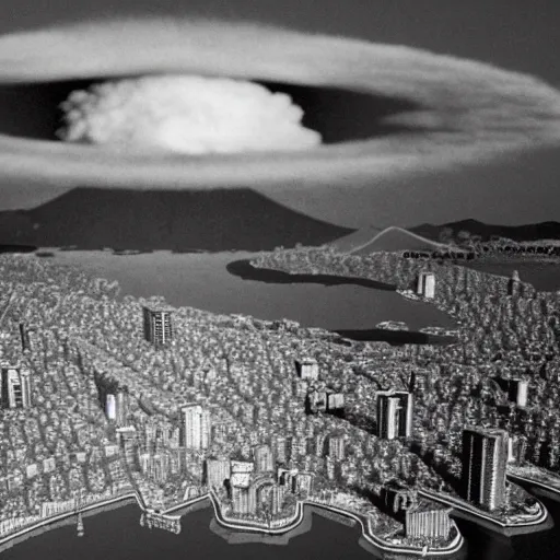 Image similar to a nuclear detonation over hiroshima that evaporates furries, 4 k, hyper realistic, dslr, high resolution, landscape, beautiful