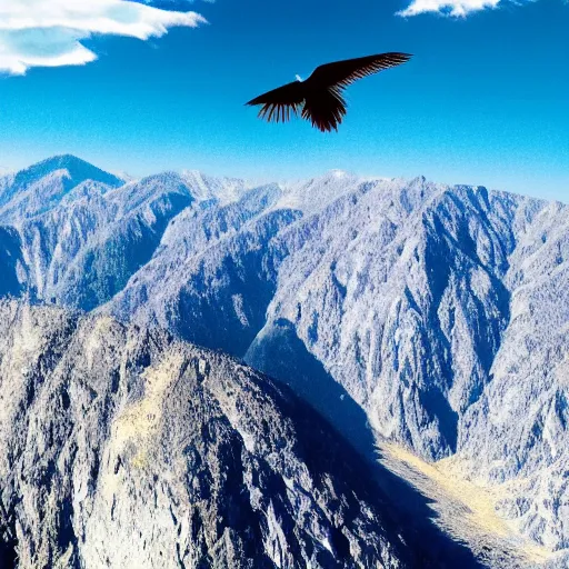 Image similar to blue bird flying over large mountains, photography, national geographic, hyper realistic, top down