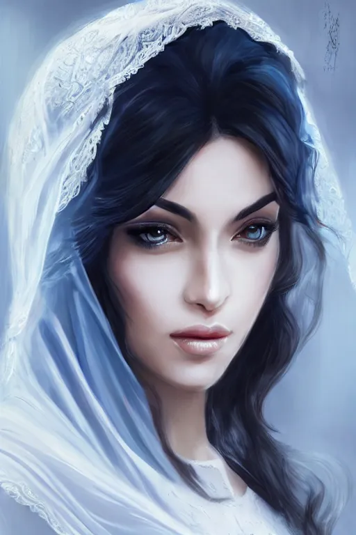 Prompt: Ameera al-Taweel, blue eyes, long wavy black hair, fierce look, white veil, closeup, focus face, elegant, highly detailed, centered, digital painting, artstation, concept art, art by artgerm