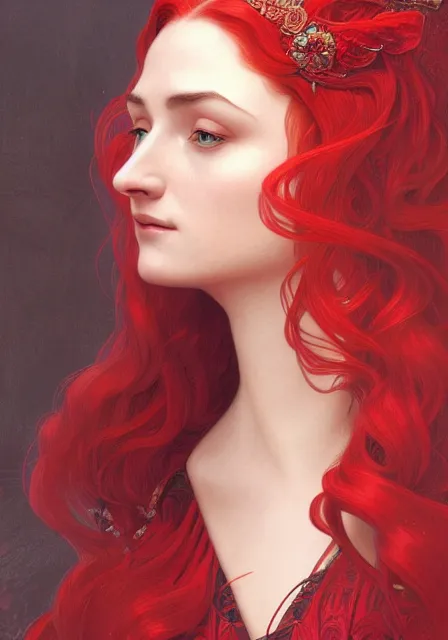 Prompt: portrait of sansa stark in red crimson, intricate, elegant, highly detailed, digital painting, artstation, concept art, smooth, sharp focus, illustration, art by artgerm and greg rutkowski and alphonse mucha and william - adolphe bouguereau