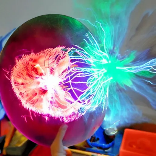 Prompt: Plasma globe exploding as a mad scientist laughs