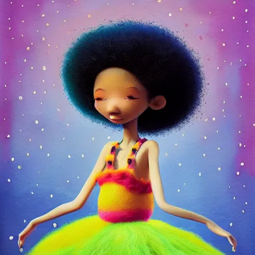 Prompt: a black girl with a colorful afro and big cute eyes doing ballet, bright colours, bokeh!! watercolor, volumetric wool felting, macro photography, children illustration, by goro fujita
