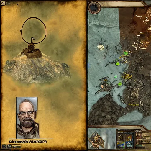 Prompt: walter white battles dagoth ur, morrowind, tamriel, elder scrolls, volcano, adventuring gear, highly detailed