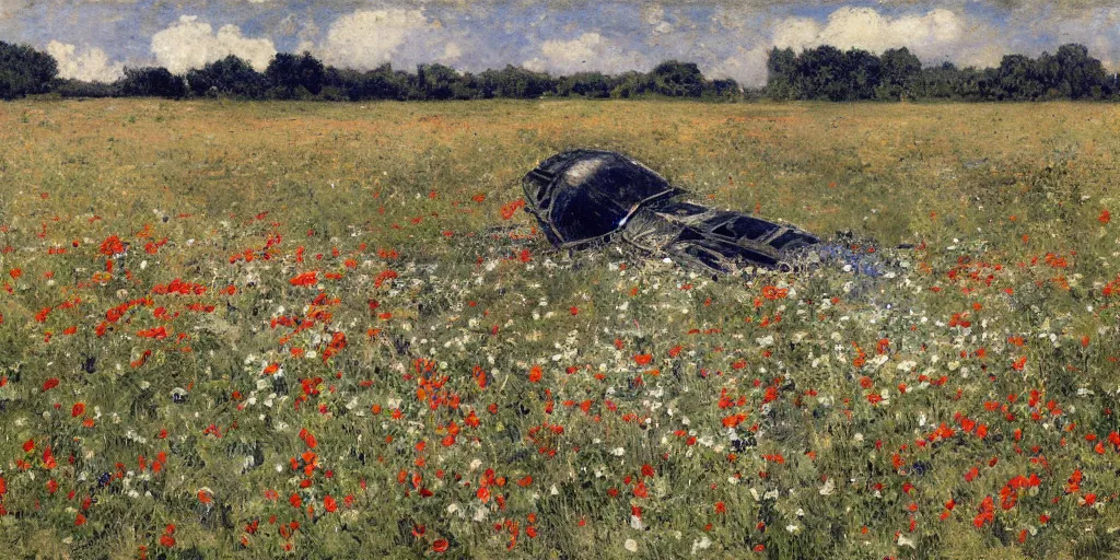 Prompt: smoking wreckage of a crashed spaceship in a field of wildflowers, low angle, wide angle, close-up, very detailed, by Jules Bastien-Lepage, Kazimir Malevich