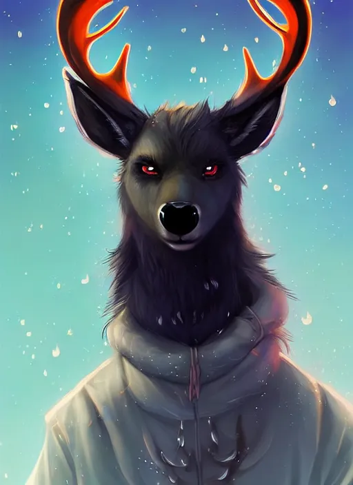 Image similar to award winning beautiful portrait commission of a male furry anthro Black Reindeer fursona with a tail, wings and a cute beautiful attractive detailed furry face wearing stylish black and orange galaxy clothes in a outerspace city at night while it rains. Character design by charlie bowater, ross tran, artgerm, and makoto shinkai, detailed, inked, western comic book art