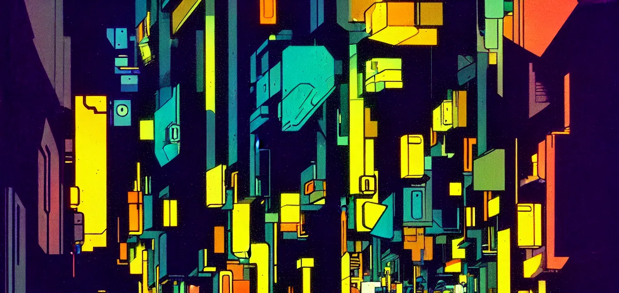 Image similar to post - minimalism, cyberpunk, abstract, slight cubism influence, bladerunner alley, iridescent, comic