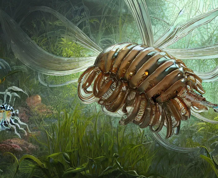 Prompt: transparent clear see - through image of many isopods, lush botany, flowers, industrial plant environment, ultra realistic, concept art, photorealistic, octane render, 8 k, unreal engine. art by gustave dore and nori inoguchi and sam kaplan and zachary goulko and christopher marley and artgerm and alphonse mucha