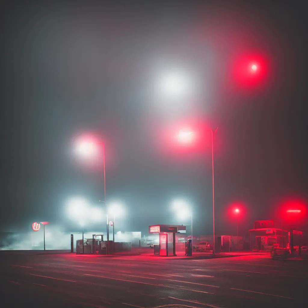 Prompt: “photography of gas station , fog, small red lights, night, mood, atmospheric, full of colour, award winning digital photography”