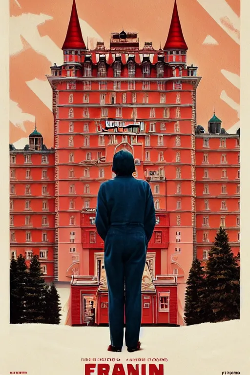 Image similar to a movie poster for the film the shining featuring a large portrait of jack nicholson's face and a fireaxe in the style of wes anderson's the grand budapest hotel.