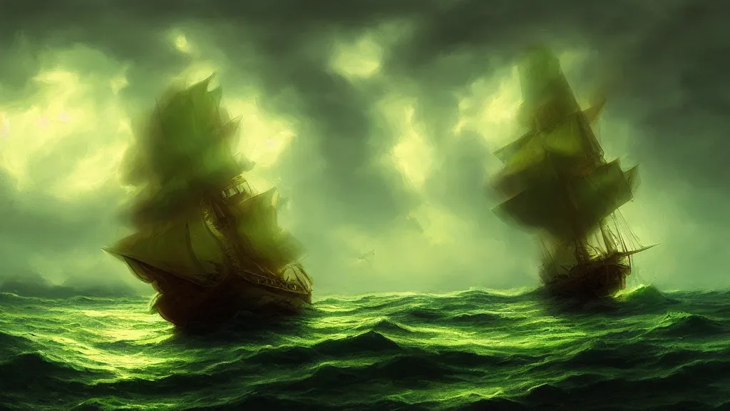 Prompt: gold galleon ship, green sea, storm. bloom, lighting. fantasy, digital painting, hd, 4 k, detailed.