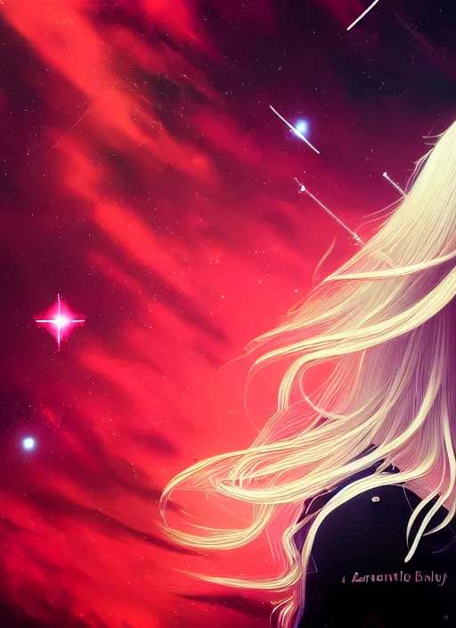 Prompt: highly detailed portrait of a hopeful pretty astronaut lady with a wavy blonde hair, by Jeannette Guichard-Bunel , 4k resolution, nier:automata inspired, bravely default inspired, vibrant but dreary but upflifting red, black and white color scheme!!! ((Space nebula background))