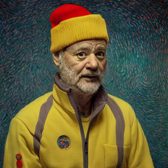 Prompt: portrait of bill murray as steve zissou, painting in the style of Wes Anderson. intricate artwork. by Van Gogh. octane render, trending on artstation, greg rutkowski very coherent symmetrical artwork. cinematic, high detail, octane render, 8k, iridescent accents