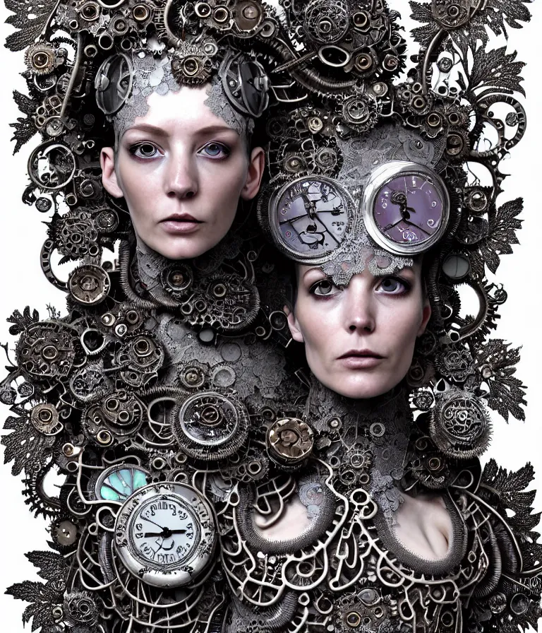 Image similar to highly detailed photo portrait of complex bio-mechanical beautiful young female stone cyborg with a Mandelbrot fractal steampunk metal fine lace face, retrofuturistic depressing hopeless horrific vibe, radiating dark energy aura, curled silver hair and a fine metal floral foliage super big lace collar by Alexander McQueen:: high fashion, haute couture, rococo, steampunk, silver filigree details, anatomical, facial muscles, cable wires, microchip, elegant, hyper realistic, 150 mm lens, soft rim light, octane render, unreal engine, volumetric lighting, 8k, muted reflective metallic coloring, sharp focus