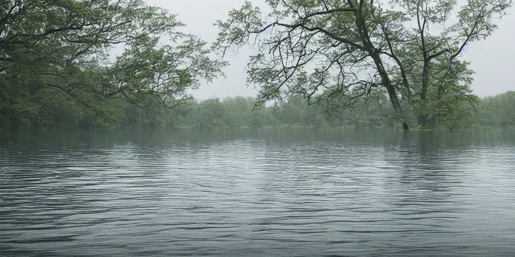 Image similar to a infinitely long thick rope zig - zagging snaking across the surface of the water into the distance, floating submerged rope stretching out towards the center of the lake, a dark lake on a cloudy day, atmospheric, color film, trees in the background, hyper - detailed photo, anamorphic lens