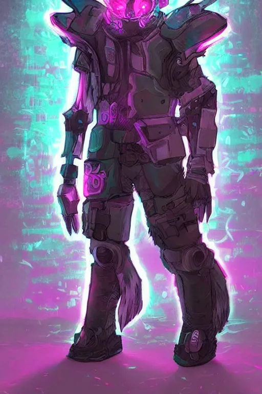 Image similar to a cyberpunk anthropomorphic wolf with a fluffy tail, comic art, trending on furaffinity, cartoon, kawaii, backlighting, furry art!!!, neon, concept art