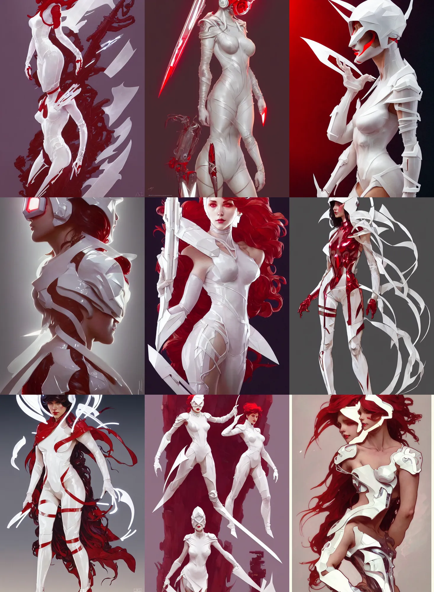 Prompt: a full body character design by artgerm, greg rutkowski and alphonse mucha. sci - fi dagger. white tape and red translucent plastic tape project show attctive showgirl!! sci - fi helmet!! sharp edges. contour light effect!!. ultra detailed, elegant, intricate, octane render.