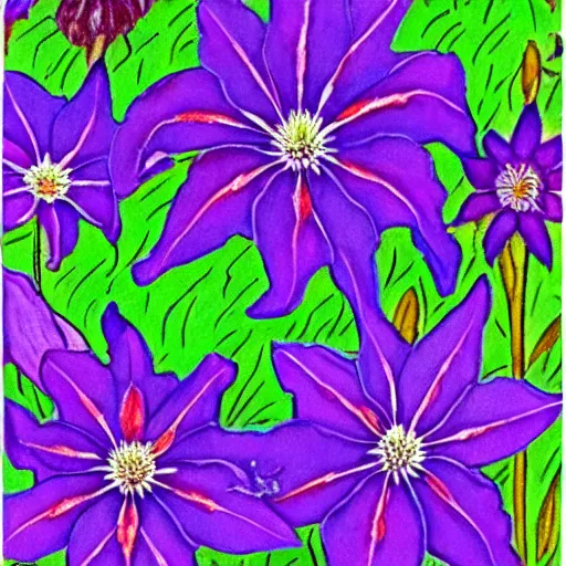 Prompt: botanical illustration style mondrian purple clematis purple salvia