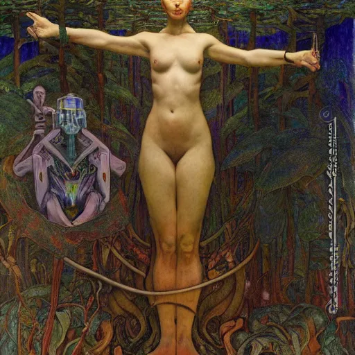 Prompt: robot seizes the forest throne, by Annie Swynnerton and Diego Rivera and Elihu Vedder, symbolist, dramatic lighting, elaborate geometric ornament, tattoos, Art Brut, soft cool colors,smooth, sharp focus, extremely detailed, Adolf Wölfli and Donato Giancola