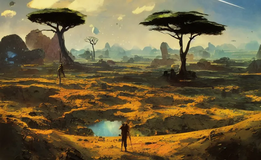 Image similar to 5 0 s pulp scifi illustration, space explorers in beautiful landscape, plain stretching into distance, pond, baobab trees, distant mountains, painted by bergey, craig mullins, john berkey, ruan jia, raymond swanland, jeremy mann, beksinski, jack kirby, tom lovell, alex malveda, schomburg