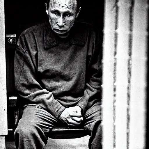 Image similar to a very sad and old wrinkled vladimir putin ( ( in prison clothes sitting on prison bench in prison ) ). detailed professional 3 5 mm black and white photo by don mccullin and anders petersen world press photo award