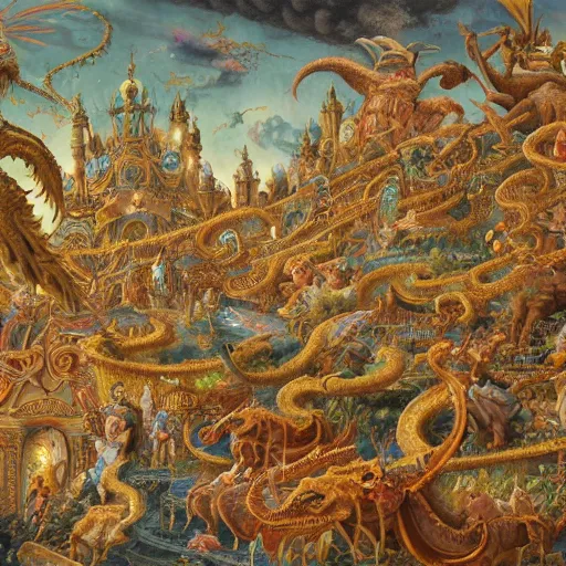 Image similar to intricate scenery of a delirium of creatures and feminine demons and gods and angels running with dragons elephants centipede and birds into the explosion of god in the act of creating the biggest city landscape ever created in the burning sun of anthropocene, flemish painting, highly detailed, intricate, ornate, digital art