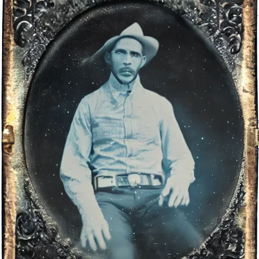 Prompt: tintype photo, bottom of the ocean, cowboy riding alien