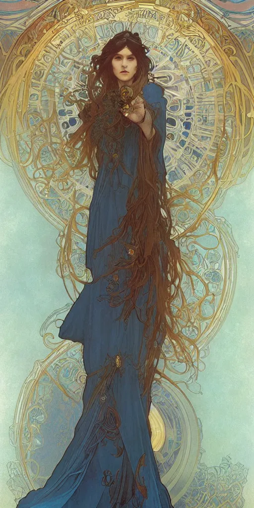 Prompt: Beautiful female wizard with blue rose robes wearing an intricate arcane makeup searching for her soul, digital art, art by Alphonse Mucha, Greg Rutkowski, Alex Ross, WLOP