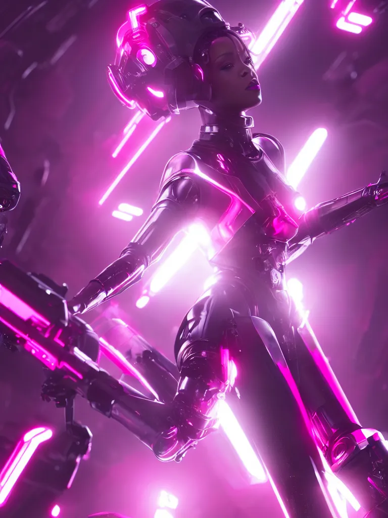 Image similar to cinematic, photography, a beautiful rihanna cyborg, perfect bionic body, pink chrome armor, neon holographic ui data displays, pink space gun, hajime sorayama, masamune shirow, octane rendered, 4 k, lens flare,