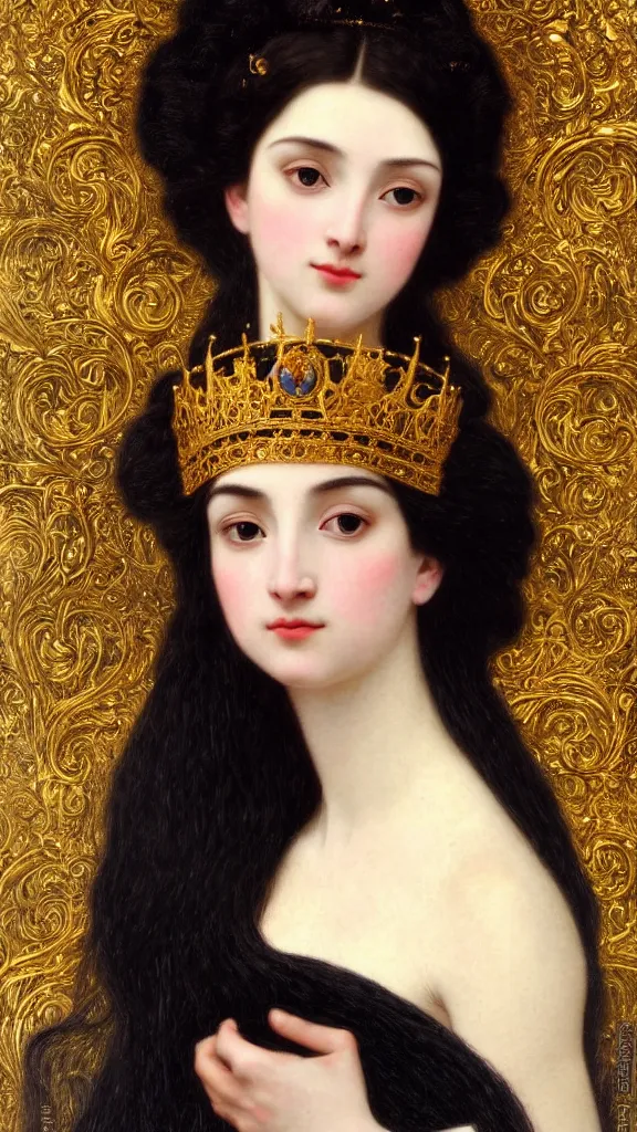 Image similar to painting portrait of a beautiful black haired woman with pale skin and a crown on her head sitted on an intricate metal throne, intricate, elegant, digital painting, smooth, sharp focus, shiny gold, realistic gold, realistic metal, by william - adolphe bouguereau and gustav klimt,