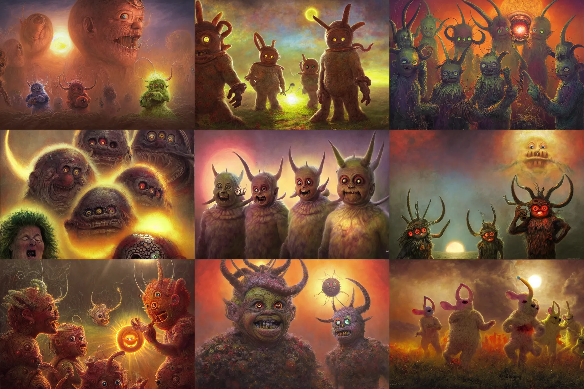 Prompt: highly detailed elden ring portrait photo of multicolored mumakil teletubbies with antennas on their heads tormenting the souls of the damned in hell, a smiling face depicted as the sun on the horizon, hyperrealistic illustration by william didier pouget and tomasz alen kopera