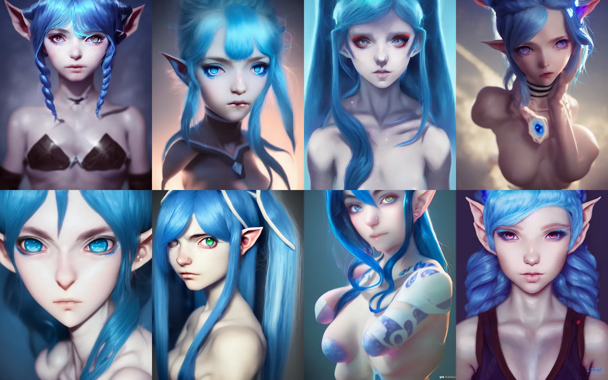Prompt: league of legends portrait of a blue haired elf girl with twin tails with white freckles with a metal body and human limbs by wlop and kuvshinov, digital art, cinematic lighting, symmetric, light rays