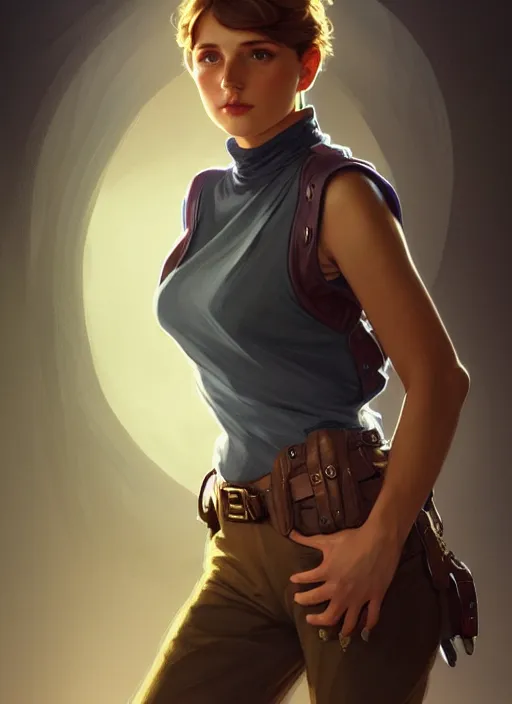 Image similar to portrait of a full body of beautiful young female detective, d & d, sleeveless turtleneck, fantasy, flat lighting, intricate, highly detailed, digital painting, artstation, concept art, smooth, sharp focus, illustration, art by simon bisley and greg rutkowski and alphonse mucha, natural tpose