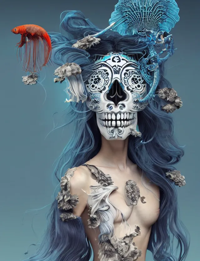 Image similar to 3 d goddess skull half - turn portrait with long hair with ram skull. beautiful intricately detailed japanese crow kitsune mask and clasical japanese kimono. betta fish, jellyfish phoenix, bio luminescent, plasma, ice, water, wind, creature, artwork by tooth wu and wlop and beeple and greg rutkowski