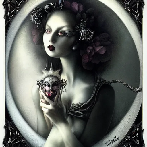 Prompt: By Tom Bagshaw, ultra realist soft painting of a curiosities carnival by night, very beautiful demon horn female dollpunk in full gothic dress using a transparent glass sphere, symmetry accurate features, very intricate details, omnious sky, black and white, volumetric light clouds