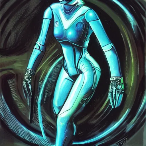 Image similar to painting of a female cop riding a futuristic motorcycle from tron by h. r. giger