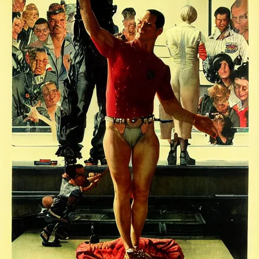 Image similar to the replicant sapper morton from blade runner lifts someonegrandmother above his head just to show how strong he is, painted by norman rockwell and tom lovell and frank schoonover