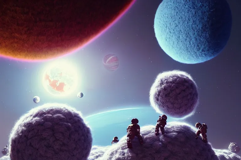 Image similar to an expedition of astronauts discovering a new fluffy planet made out of yarn. crochet, illustration, digital art, matte painting, by greg rutkowski, detailed, sharp, masterpiece, highly detailed, photorealistic, octane render, 8 k, unreal engine 5, trending on artstation