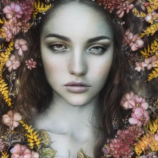 Image similar to a detailed pencil drawing of a beautiful woman clothed in flowers and leaves standing in an enchanted forest, high fantasy, elegant, epic, detailed, intricate, watercolor, concept art, realistic detailed face, smooth, focus, rim light, detailed 8 5 mm f / 1. 4, anamorphic lens