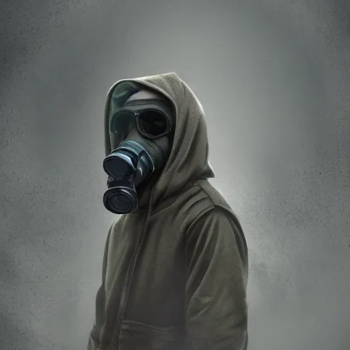 Prompt: matte painting of a stalker wearing gas mask and a hoodie in chernobyl, detailed, trending on artstation