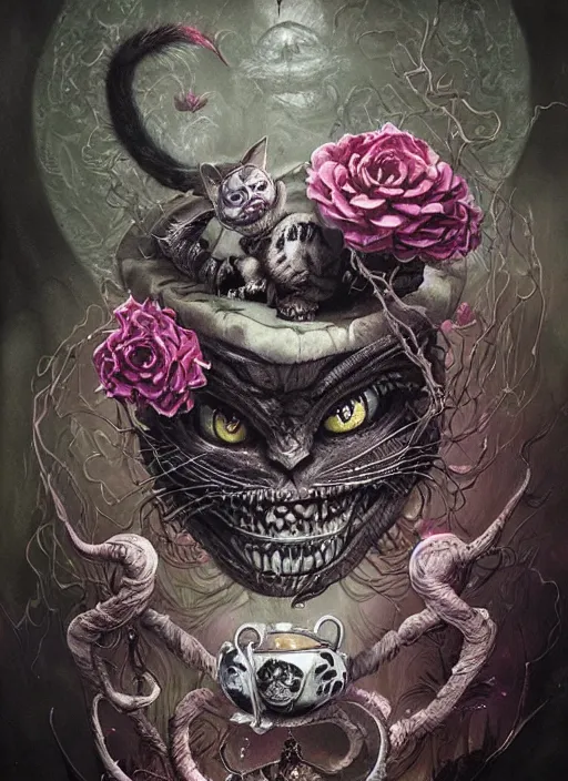 Prompt: Happy Cheshire Cat brewing tea, Death Tarot card,highly detailed,half skull face,cinematic,8k,by Stanley Artgermm,Tom Bagshaw,Greg Rutkowski,Carne Griffiths, Ayami Kojima, Beksinski, Giger,trending on DeviantArt,hyper detailed,horror, full of colour