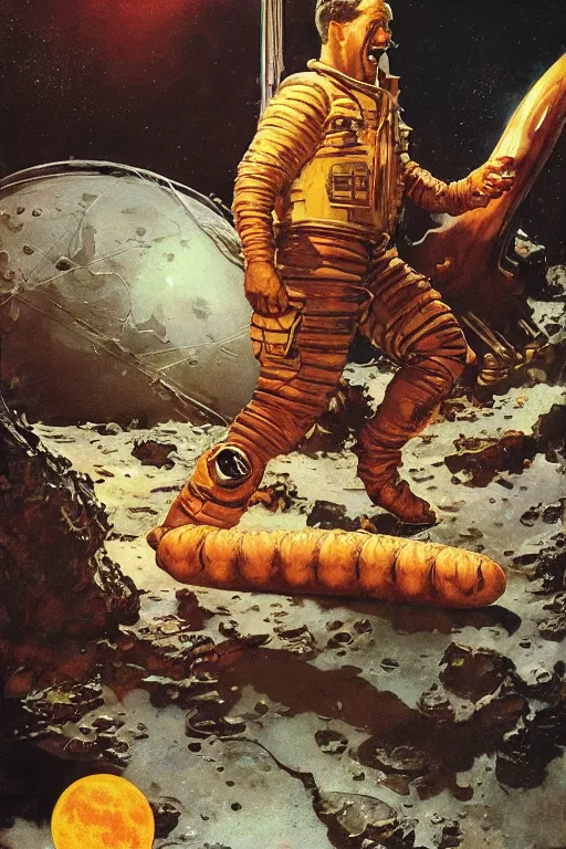 Prompt: a sausage falls onto the surface of the moon, by norman rockwell, jack kirby, jon berkey, earle bergey, craig mullins, ruan jia, jeremy mann, tom lovell, marvel, astounding stories, 5 0 s pulp illustration, scifi, fantasy, artstation creature concept