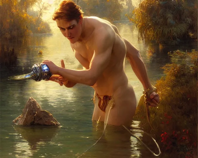 Image similar to attractive male wizard casting water spell in a beautiful lake. highly detailed painting by gaston bussiere, craig mullins, j. c. leyendecker 8 k