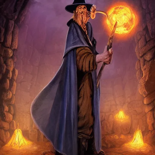 Image similar to Chawick the Fail Wizard, a wizar's apprentice in ragged and stained wizard's robes and hat. 8k resolution, full-length portrait, digital painting, fantasy art, D&D character art, greg rukowski, frank frazetta, larry elmore.