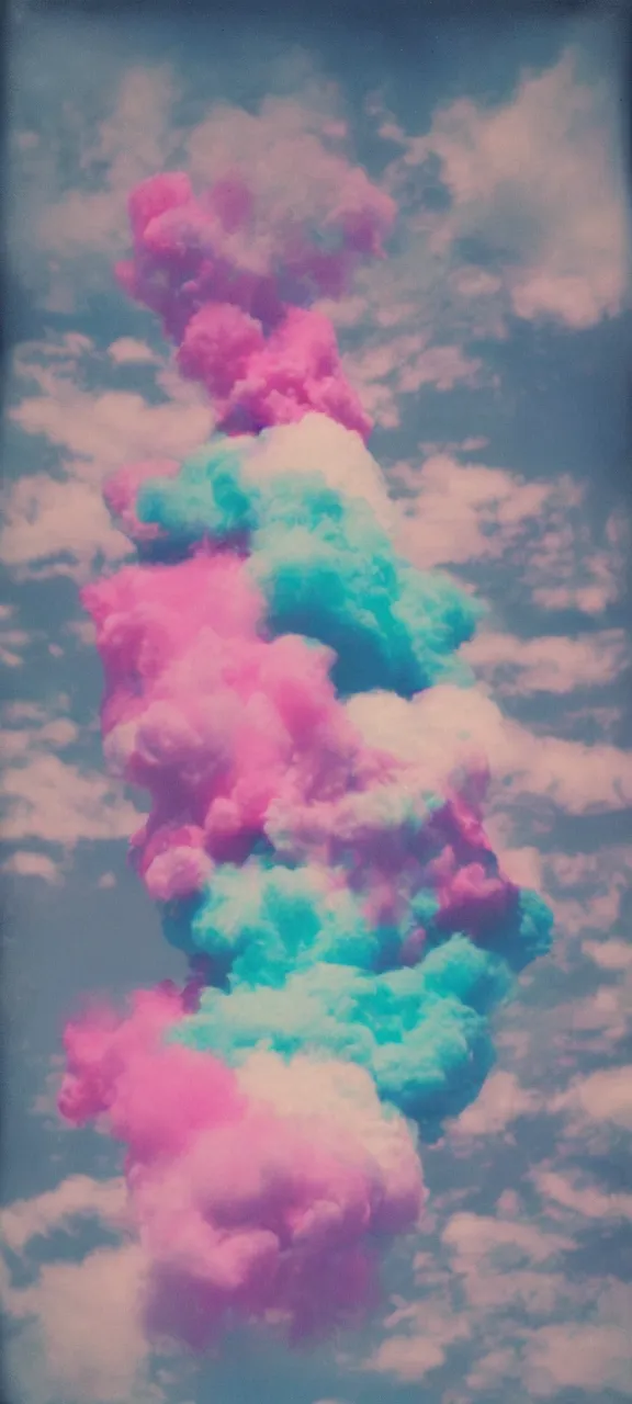 Image similar to polaroid of everything made from cotton candy, smoke, and clouds, mix, DADA collage, texture, lomography, fashion neon light in darkness