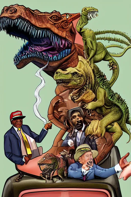 Image similar to Tone mapped Snoop Dogg and Donald Trump riding a T-Rex and smoking a blunt