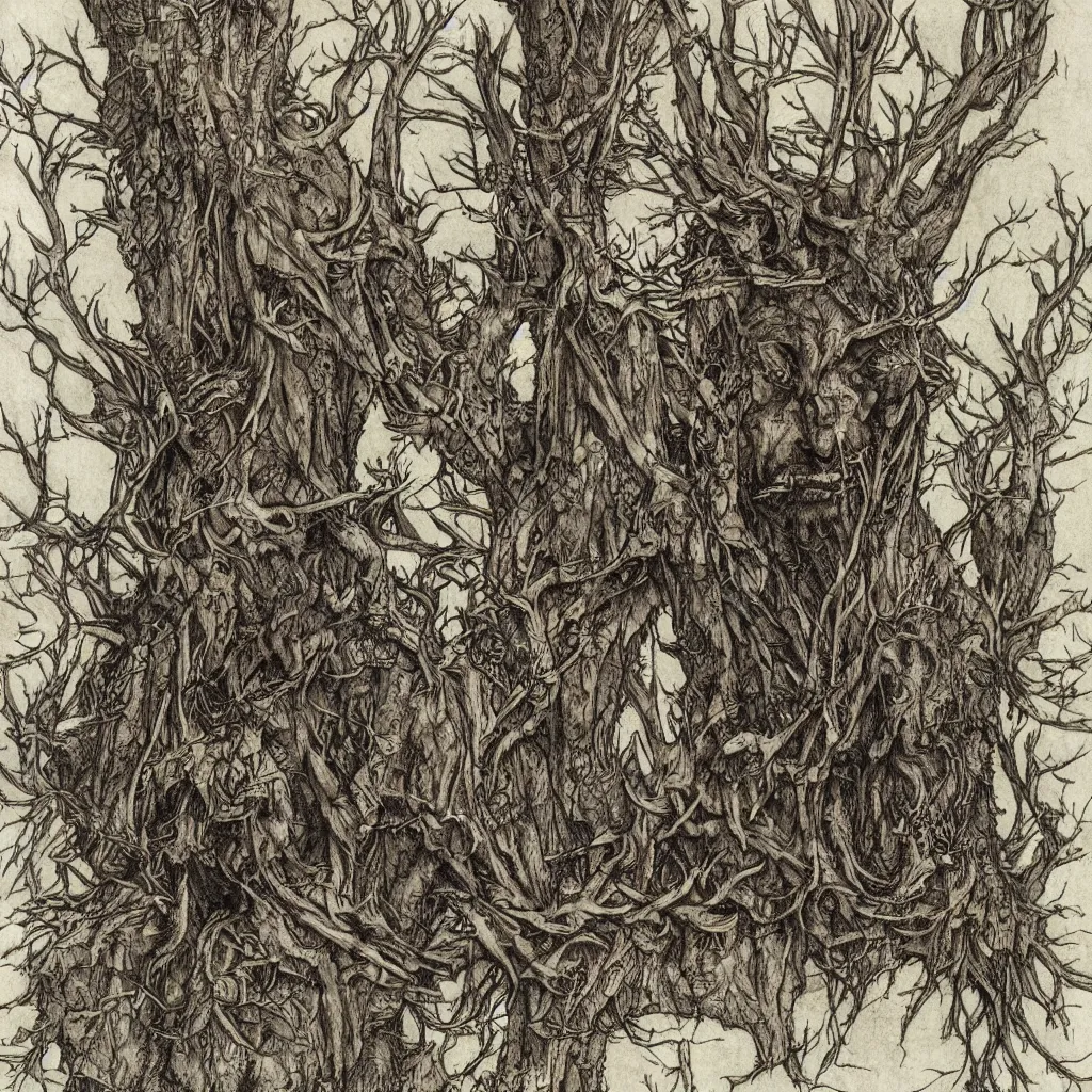 Image similar to leshen from wither 3, dark atmosphere, faded out colors, highly detailed muted colors, highly detailed illustration by albrecht durer, fine art sketch